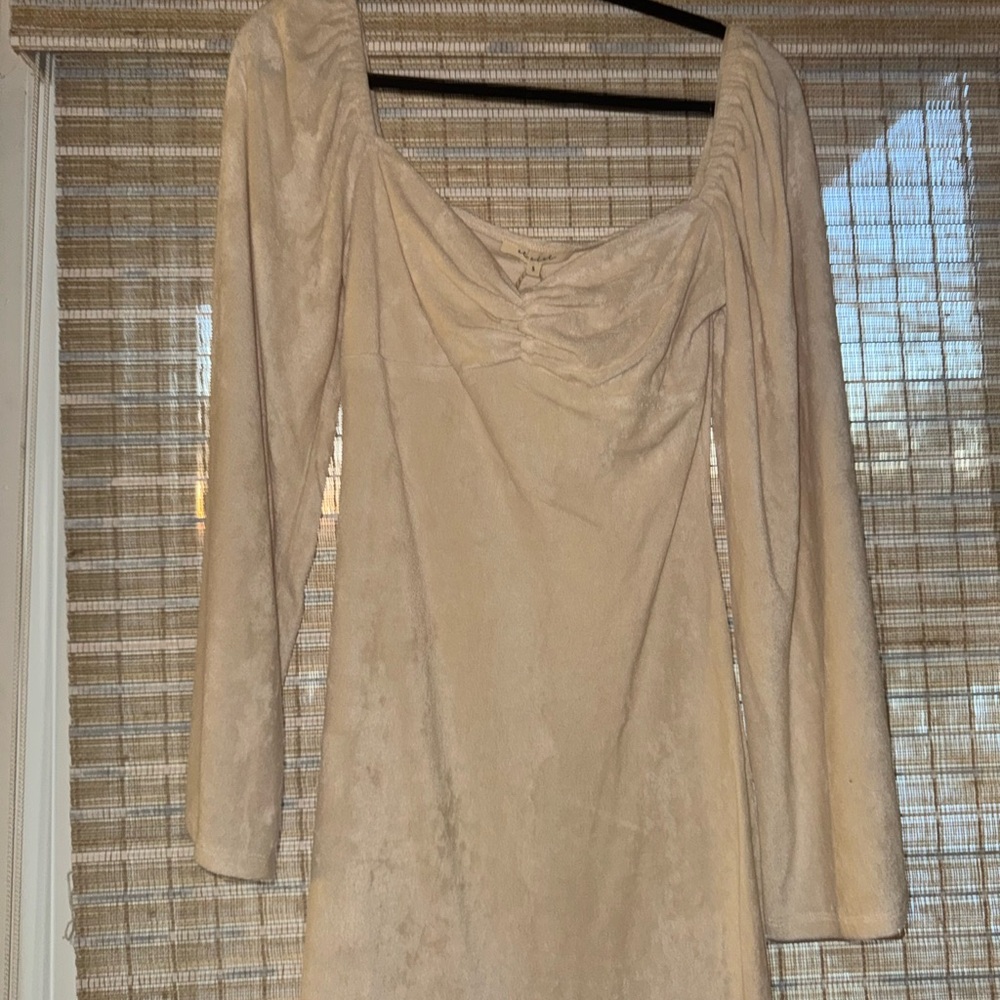 Cream Terrycloth Long-Sleeve Dress
